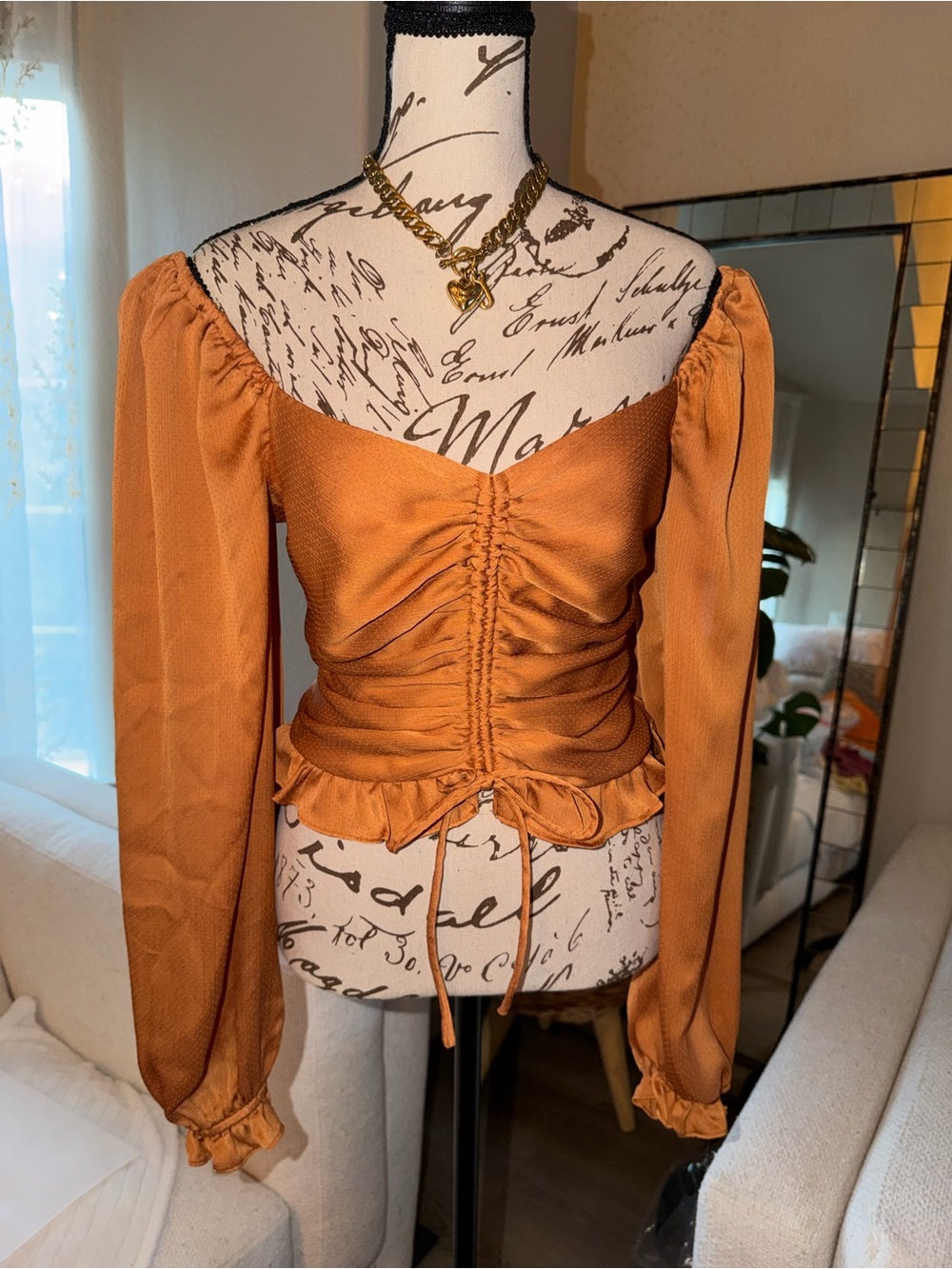 Astr Rust Orange Ruched Long-Sleeve Peasant Blouse